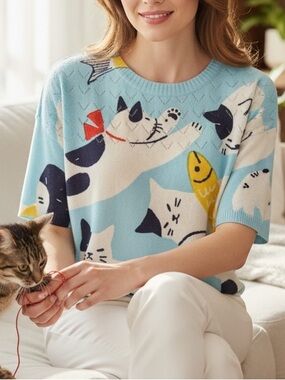 Knit Crewneck Kawaii Sweater with Cats XL